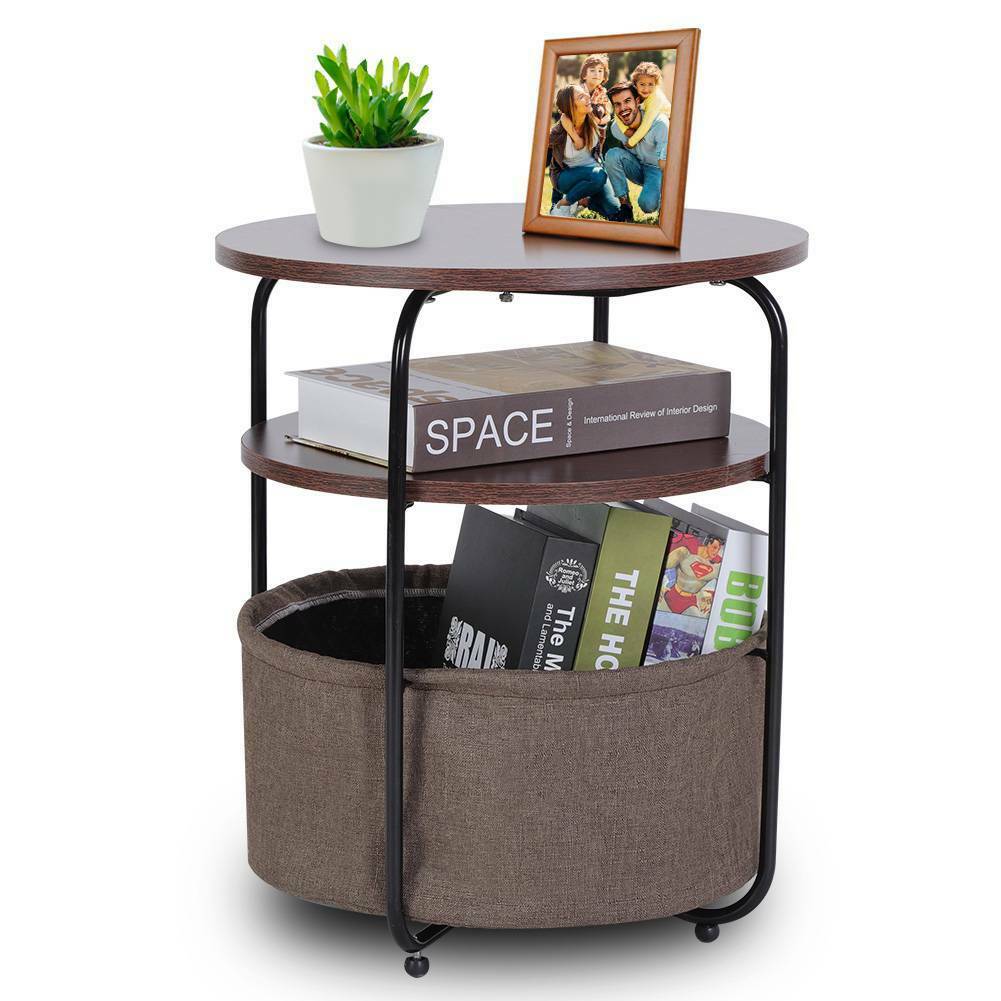 Vintage Coffee Round Table Sofa SideTable Bedside End Table Nightstand w/ Basket