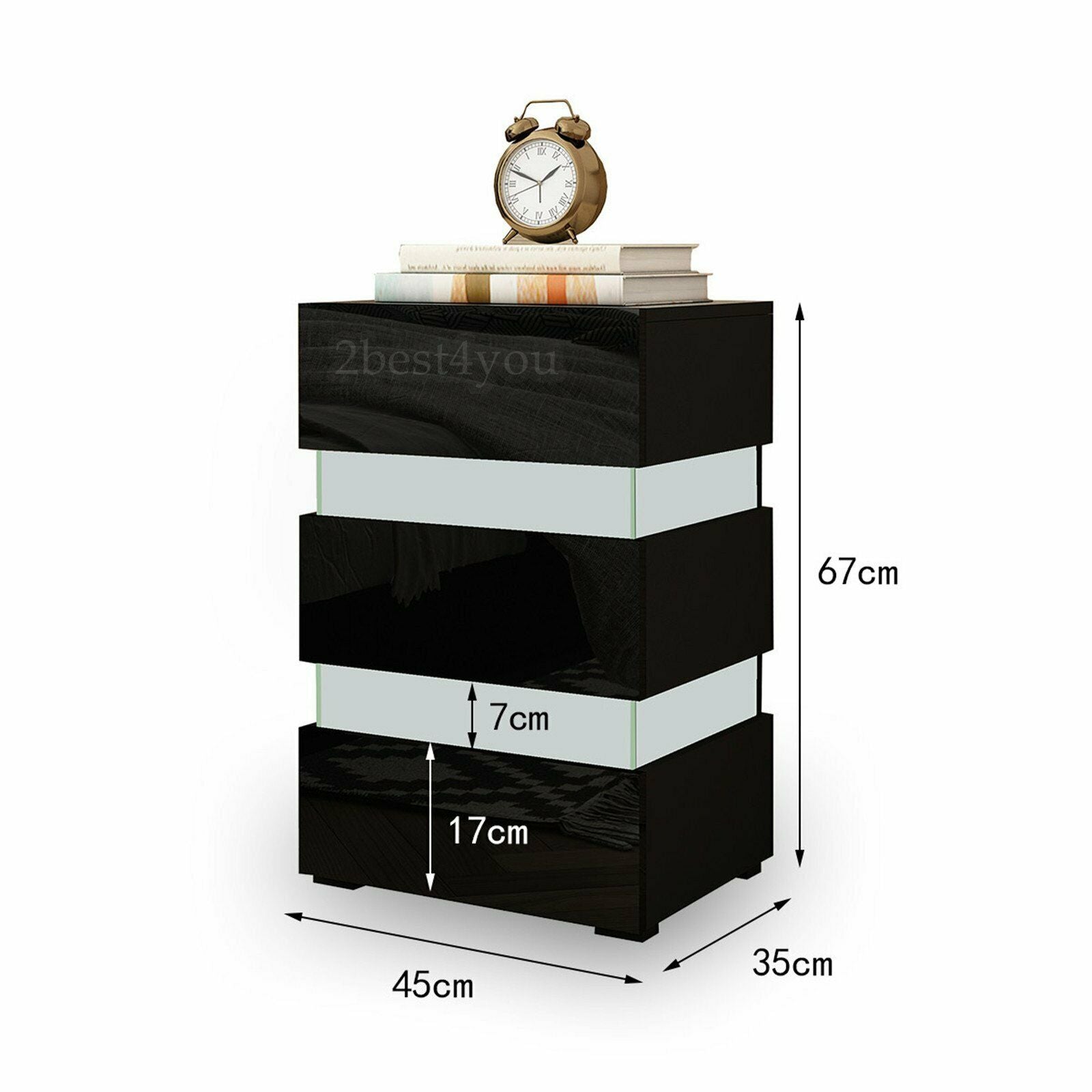 Modern LED Light High Gloss 2 or 3 Drawers Bedside Table Cabinet Nightstand Unit