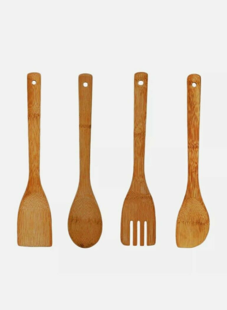 4 x BAMBOO SPOONS Wooden Spatula Spoon Kitchen Cooking Utensils Tools Turner Set