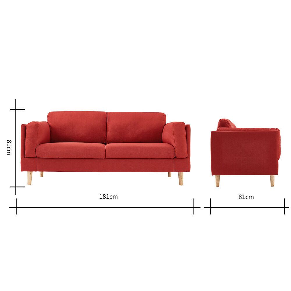 3 Seater Red Linen Fabric Sofa Couch Chair Settee with Armrest Home Living Room