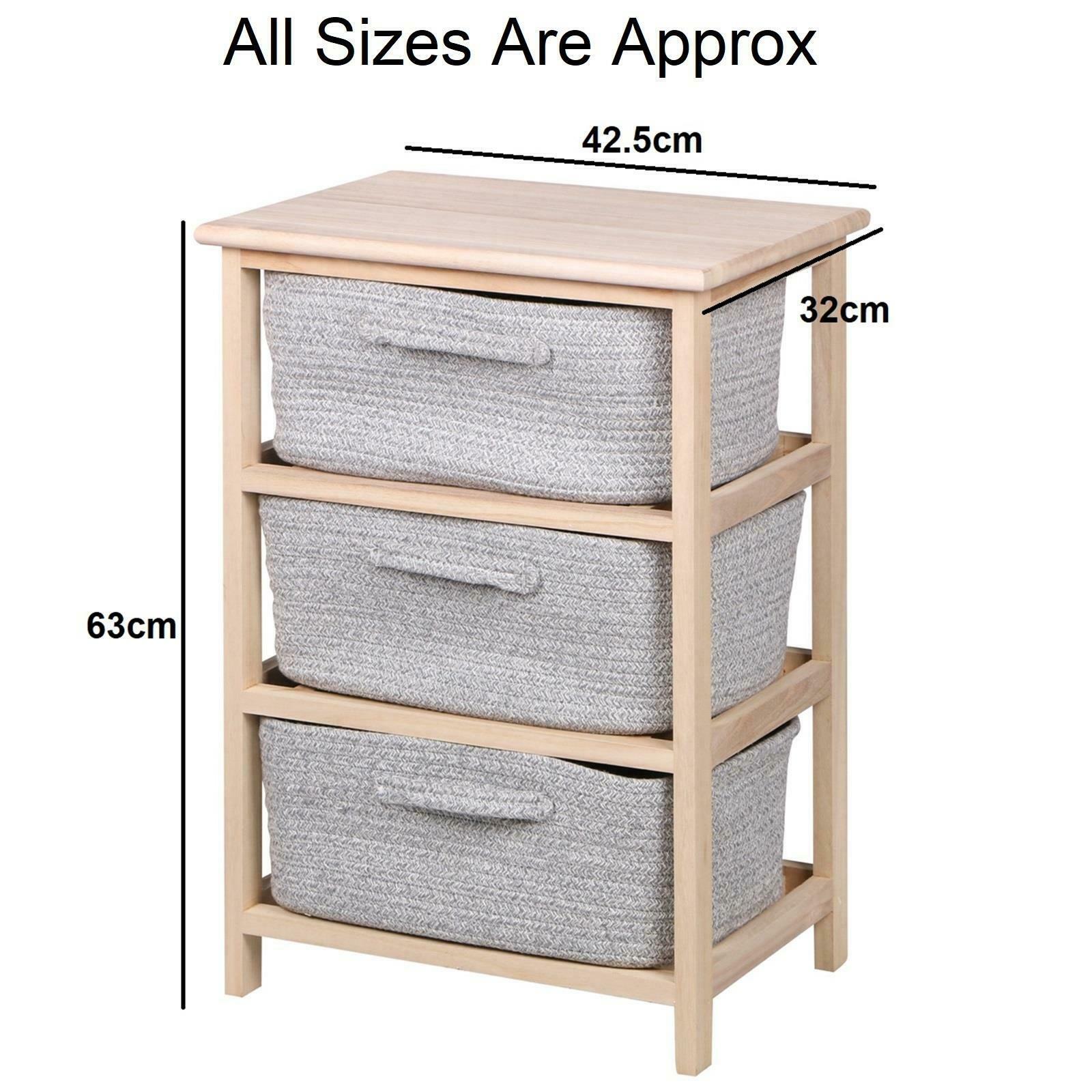 3 Tier Drawers Wooden Storage Cabinet Rack Grey Baskets Bedroom Unit Furniture