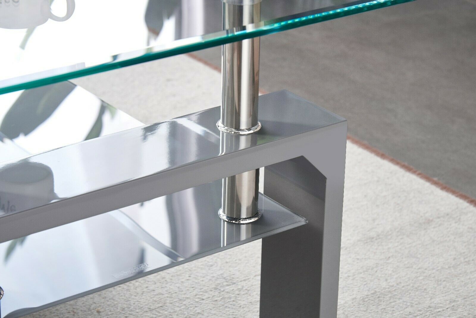 Modern Clear Glass Top with Grey Shelf & Grey High Gloss Legs Coffee Table Home