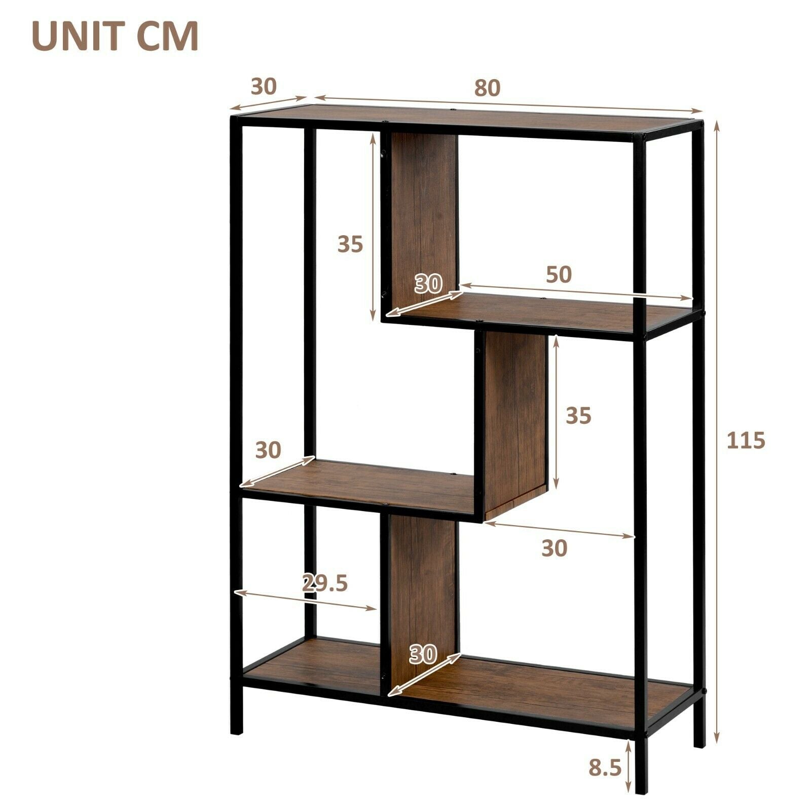 3-Tier Industrial Floor Standing Bookcase, Storage Rack in Living Room