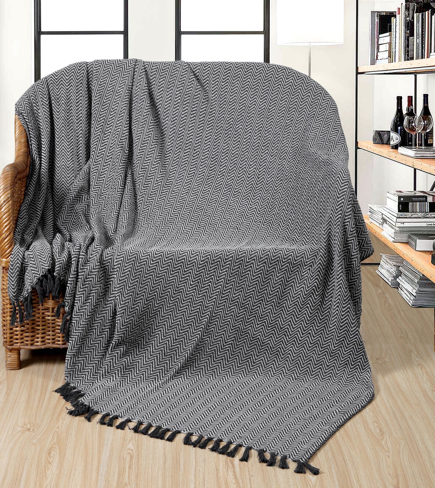 100% Cotton Chevron Throw Blanket For Sofa Bed Settee Large With Tassel 3 Sizes