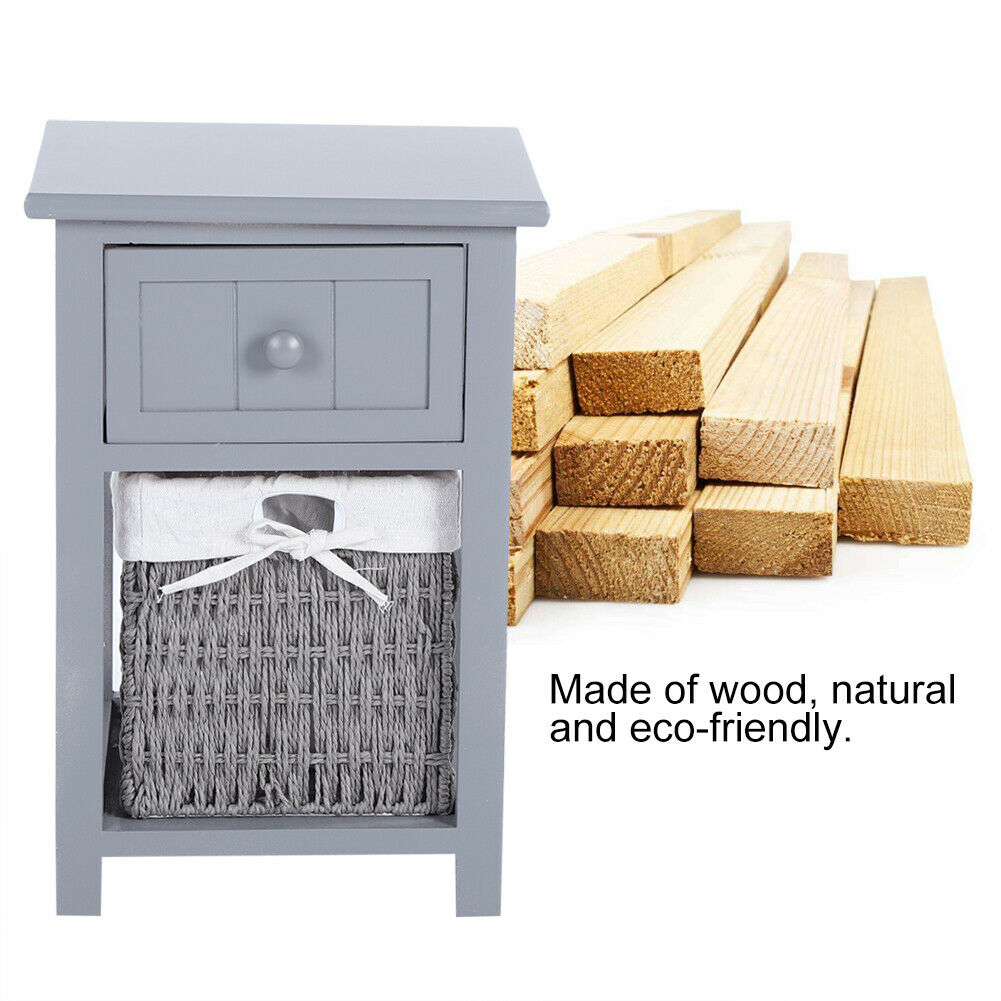 2 Pcs Wooden Bedside Table NightStand Cabinet Storage Drawer Wicker Basket Grey