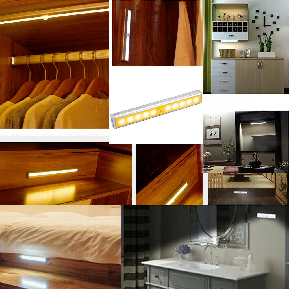 2 × Motion Sensor Cabinet 10 LED Lights Battery PIR Wardrobe Cupboard Light