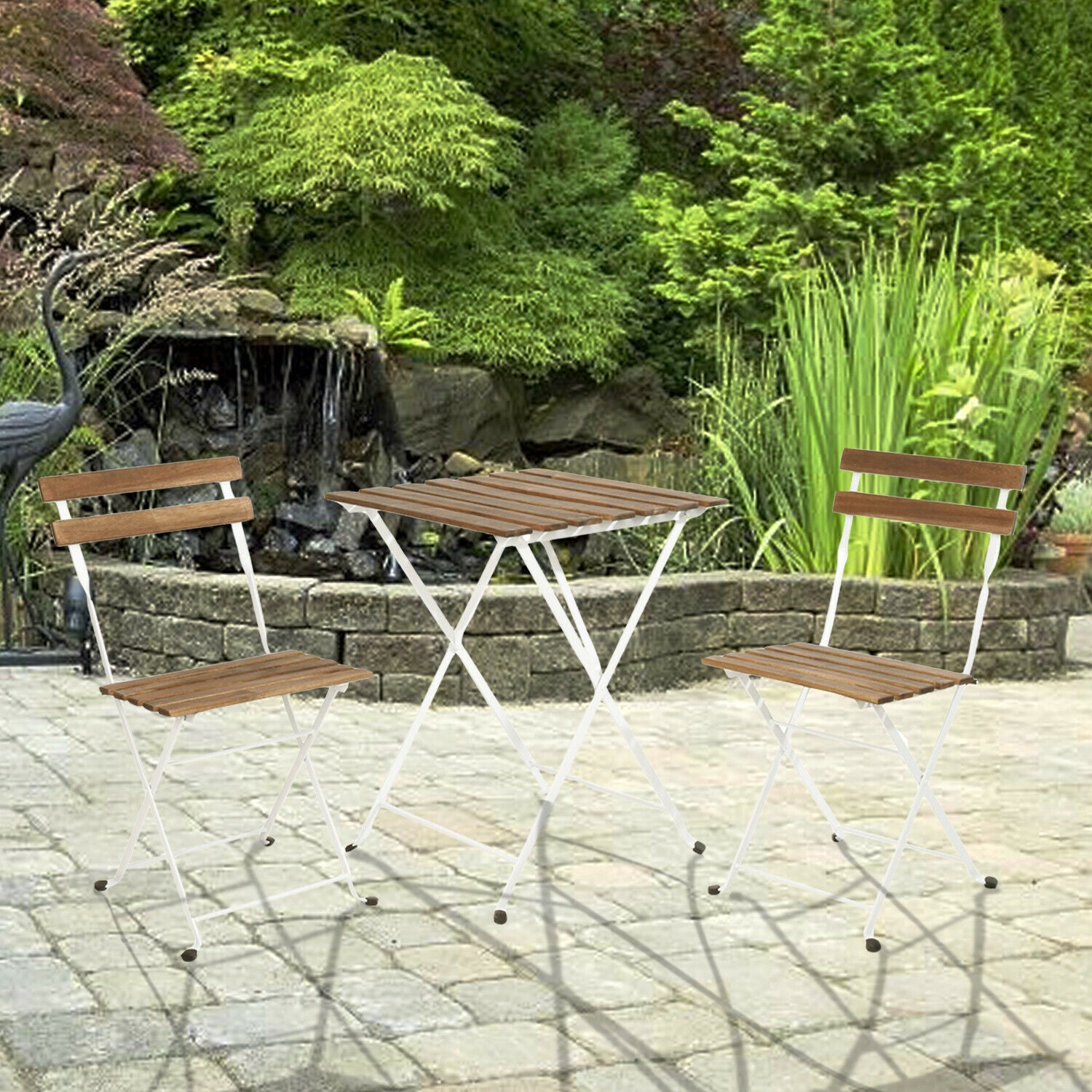 3 Pce Bistro Set Outdoor Garden Wood Metal Table Patio Furniture Folding Chairs