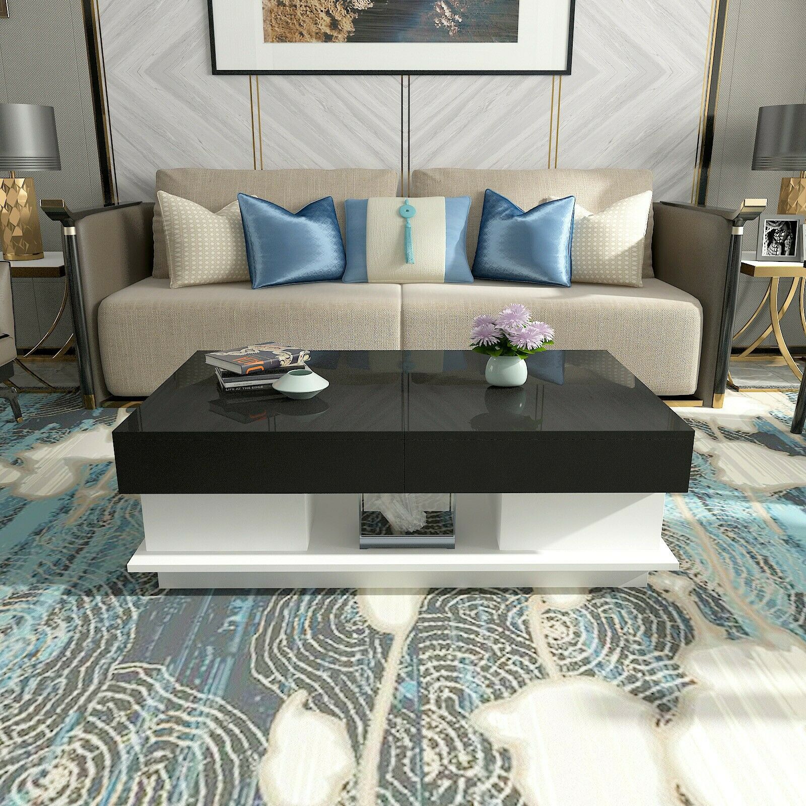 Modern High Gloss Coffee Tables End Side Table 2 Drawers Living Room White/Black