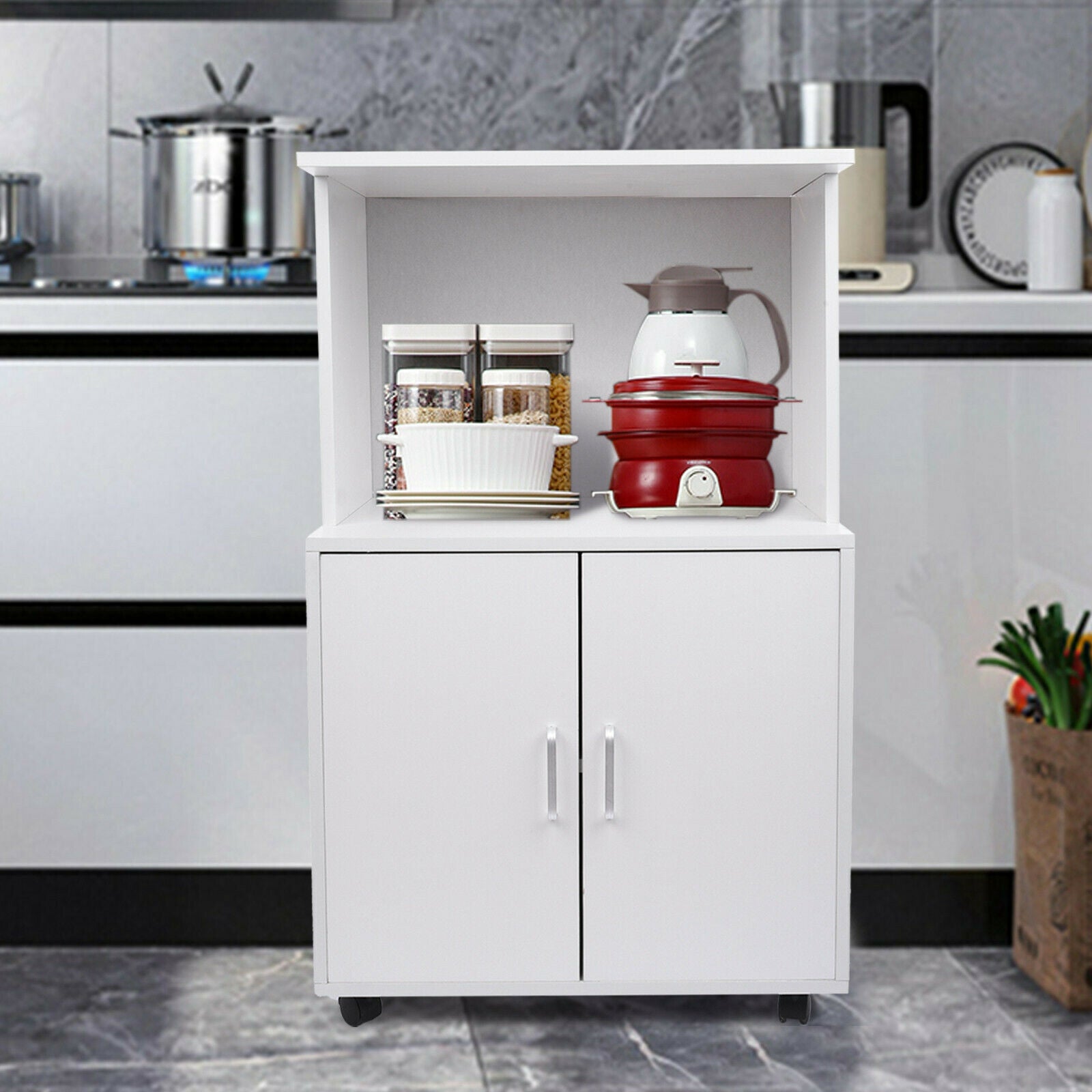 Rolling Kitchen Trolley Microwave Cart 2-Door Cabinet Shelves Gray White UK