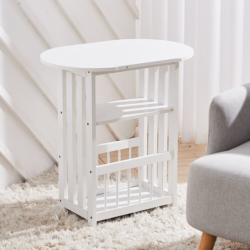 Drop Leaf Table Foldable Magazines Rack Shelf Sofa Side End Storage Stand White
