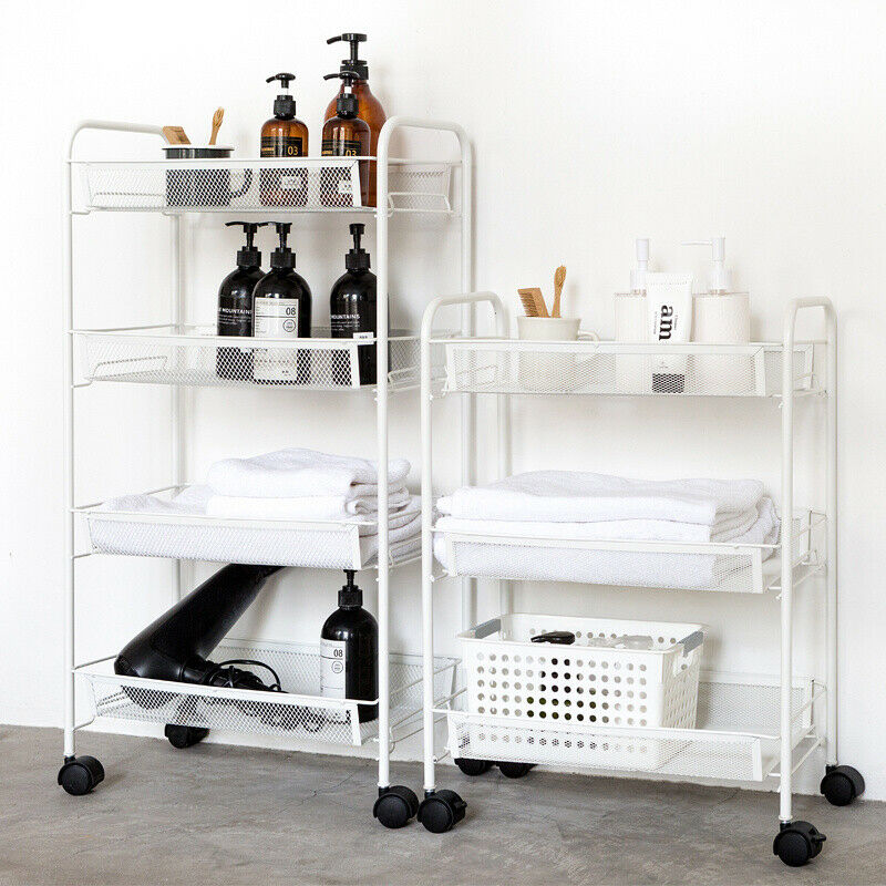 3/4 Tier Rolling Cart Kitchen Bathroom Storage Trolley Rack Metal Mesh Shelf