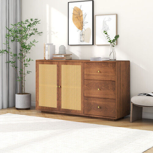 Wooden Rattan Sideboard Buffet Storage Cabinet Cupboard w/ 2 Doors 3 Drawers HT