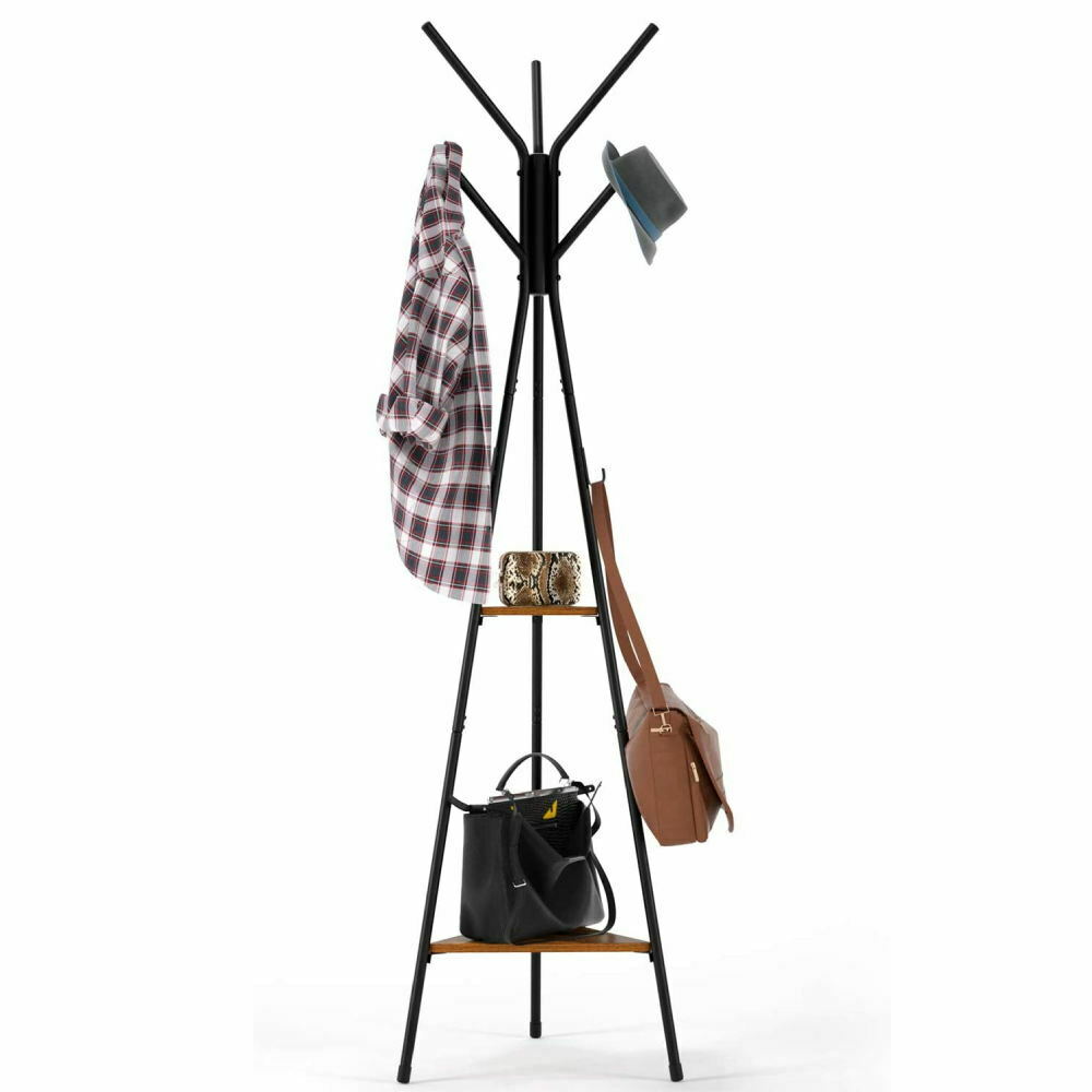 Tall Coat Stand 9 Hooks Clothes Storage Shelves Hat Freestanding Hallway Bedroom
