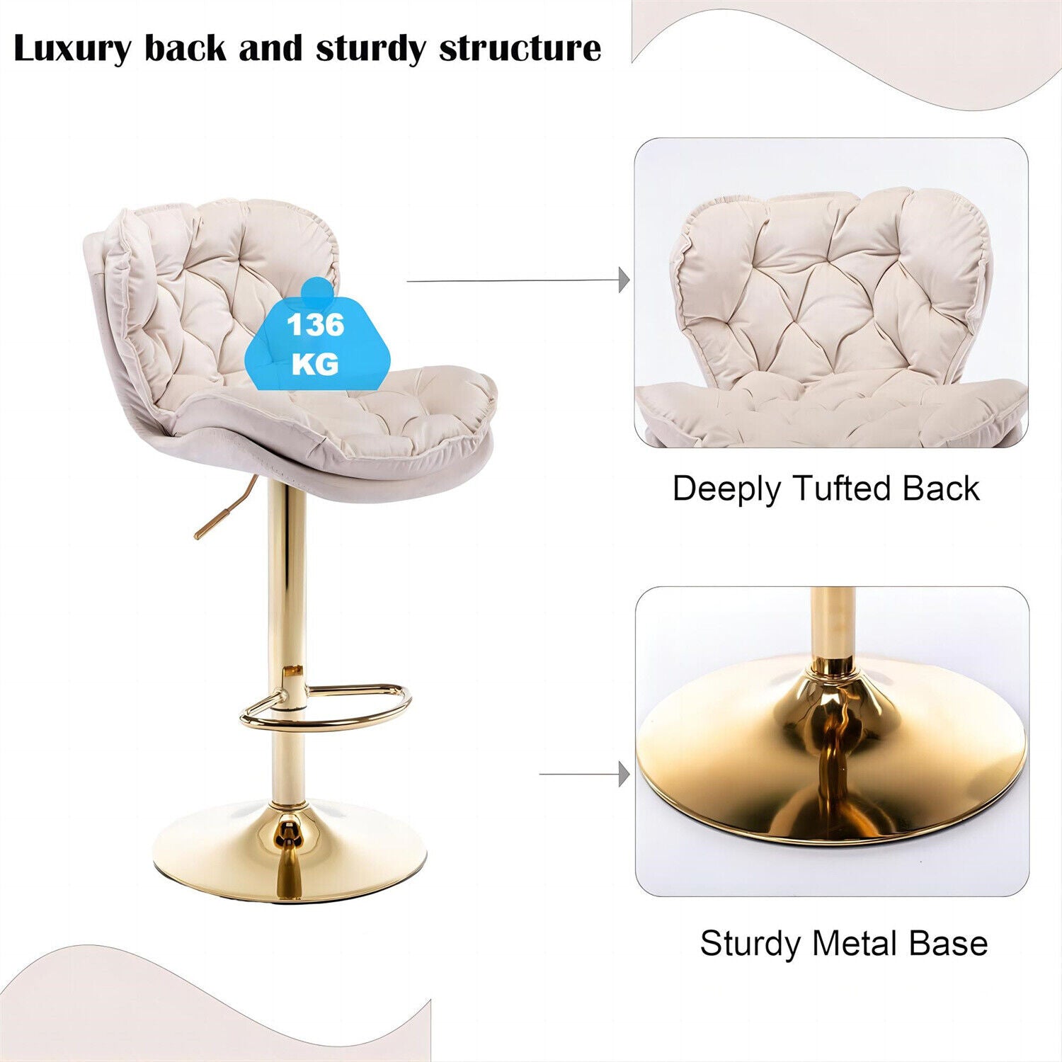 Set of 2 Velvet Bar Stools Adjustable Height Swivel Tufted Pub Bar Chairs HT