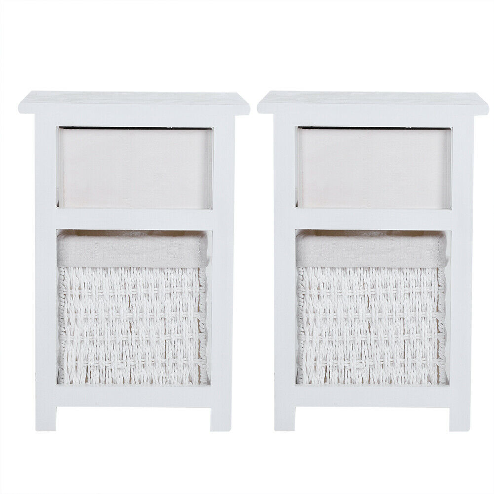 Set of 2 Wooden Bedside Tables NightStand Cabinet Storage Drawer Wicker Baskets