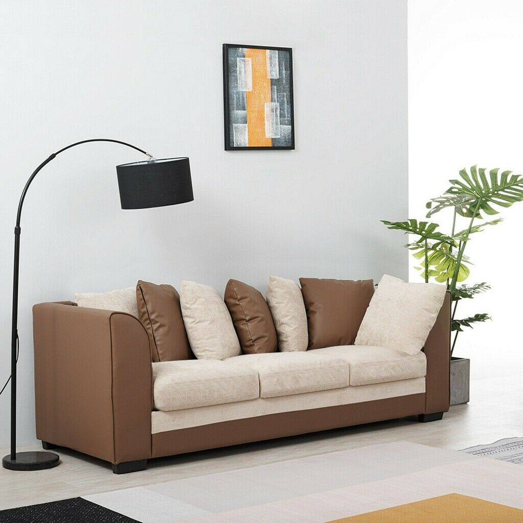 3 Seater Brown Beige Leather Fabric Sofa Armchair Couch with Footstool Option