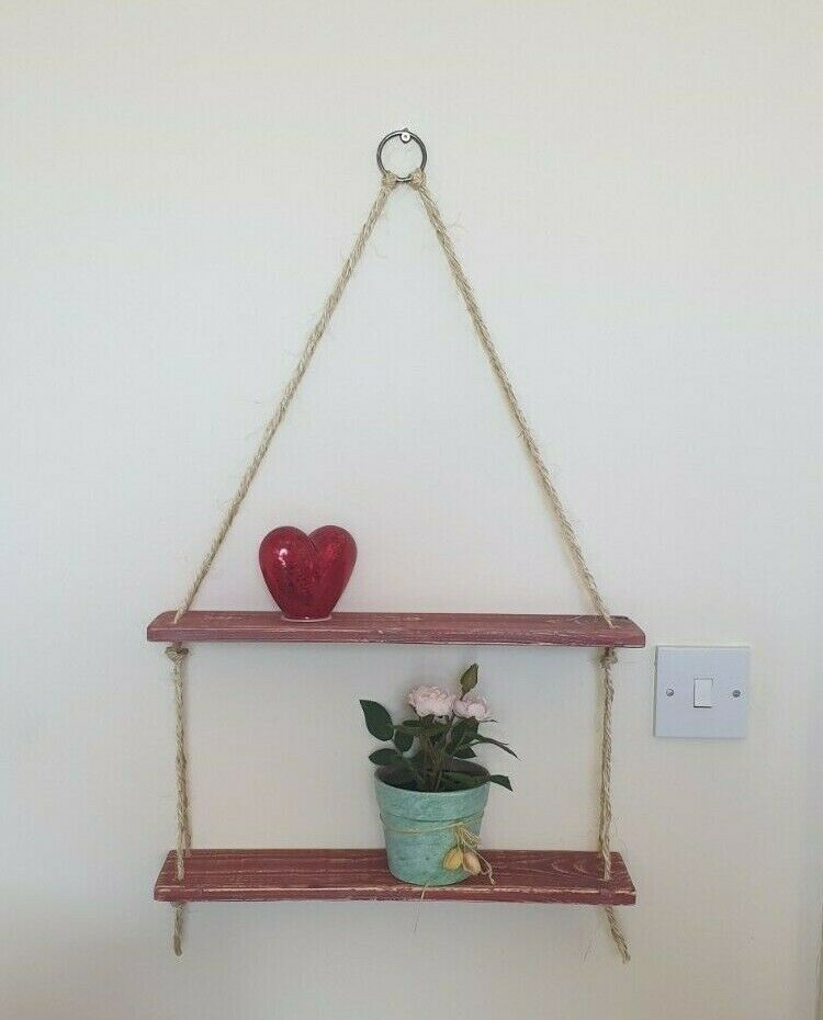 Rustic Vintage Shelves Handmade Wooden Natural Wood Floating Hanging Rope Shelf