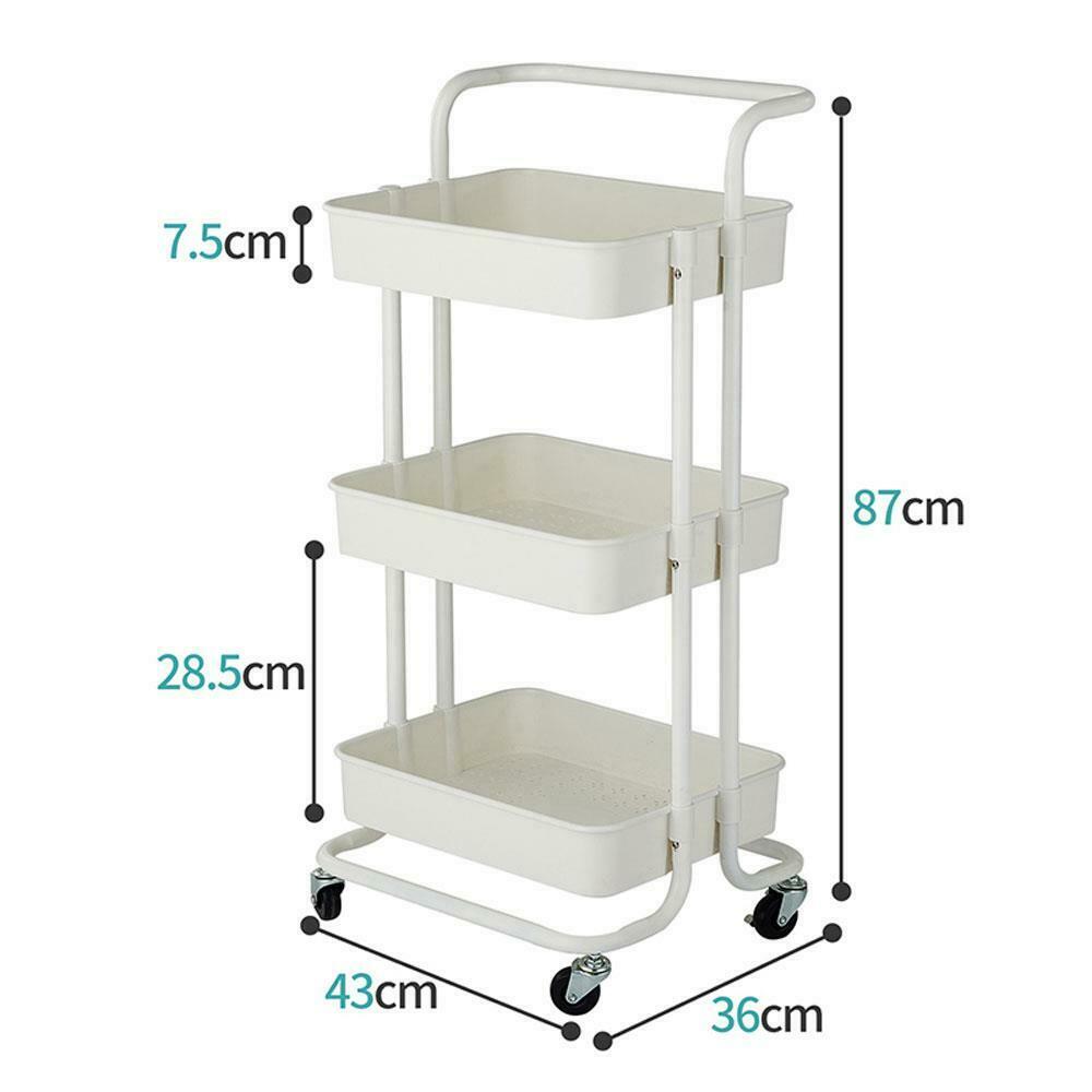 3 Tiers Rolling Cart Storage Trolley on Wheels Compact Kitchen Trolley