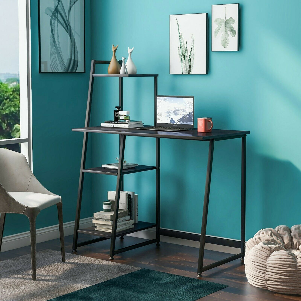 4 Tier Storage Shelves Desk Table Student Study Table w/ Bookshelf Wri