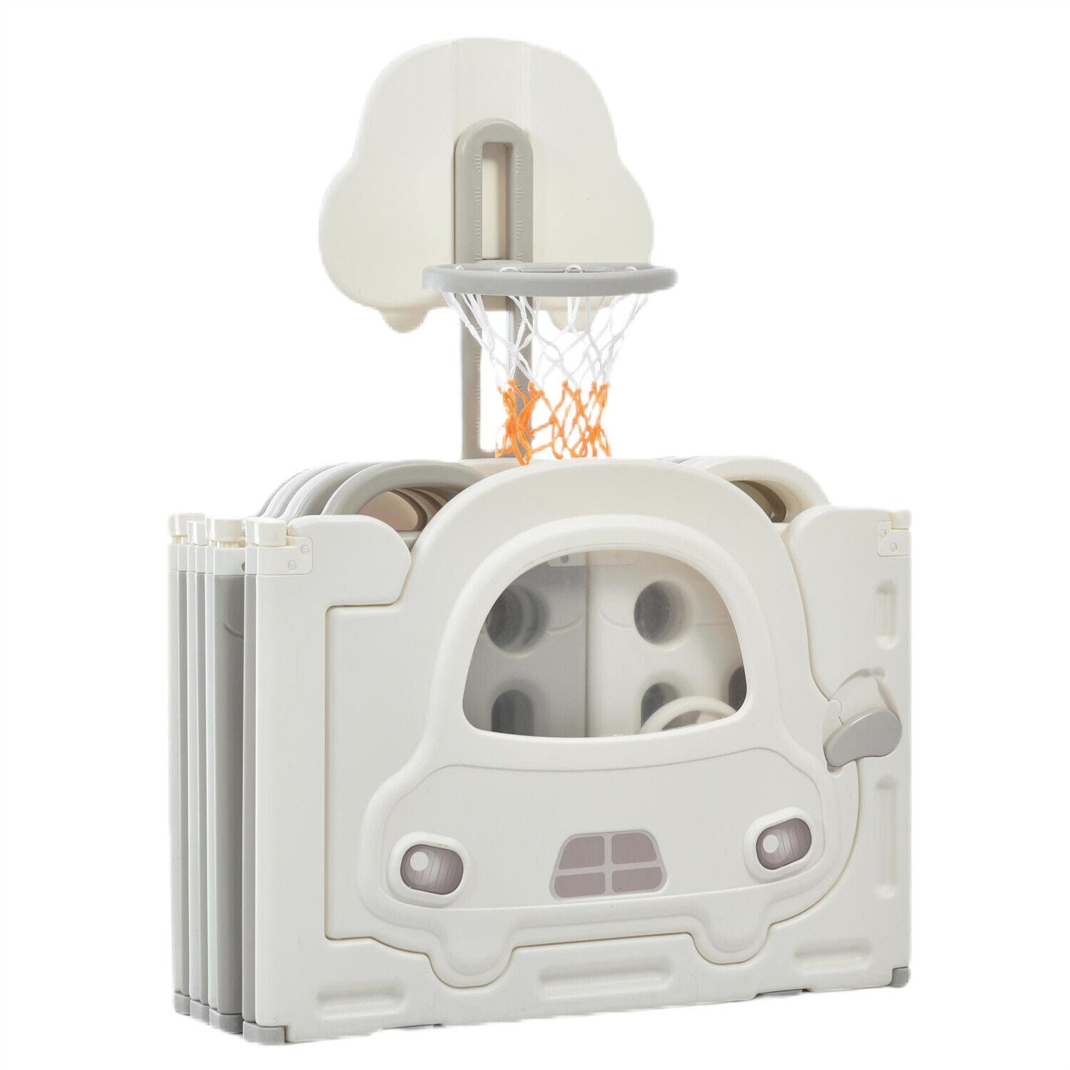 14 Panels Foldable Baby Playpen with Activity Panel & Basketball Hoop Grey HT