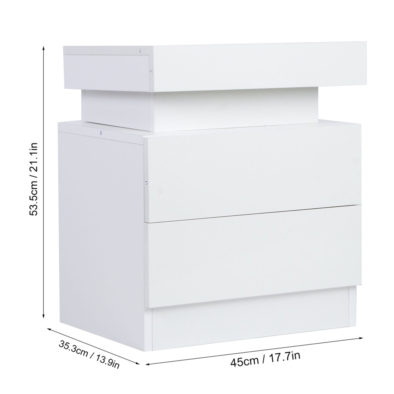 White LED Light Bedside Table Nightstand Cabinet High Gloss 2 Drawers Flip Cover