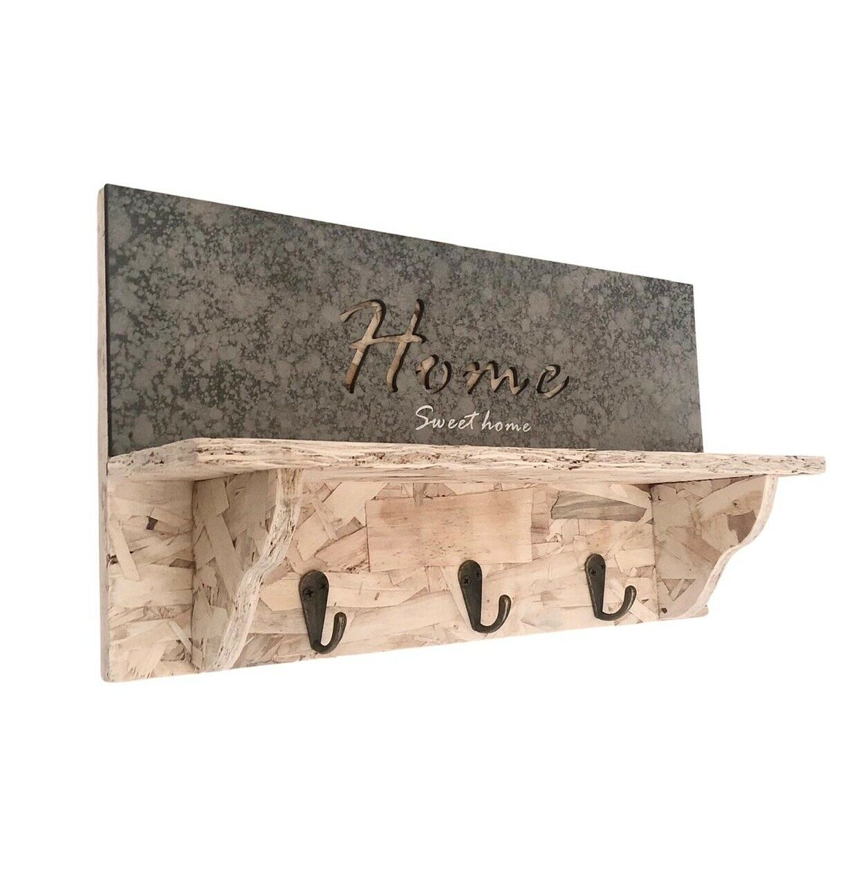 Rustic Wall Mounted Shelving Unit Vintage Wood Shelf Hooks Storage Rack Holder