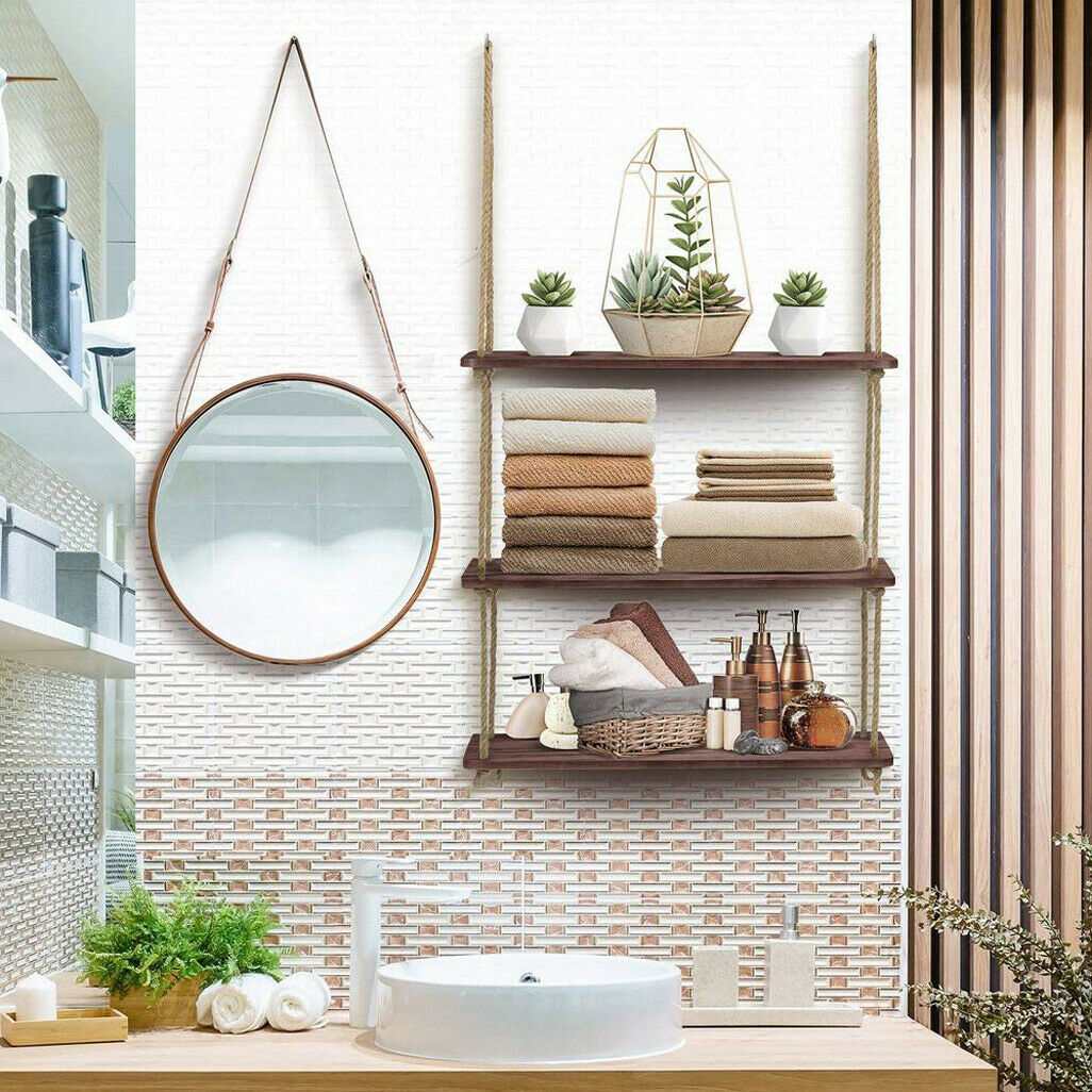 Nostalgic 3 Tier Shelf Wall Hanging Shelves Natural Rope Wooden Floating Shelves