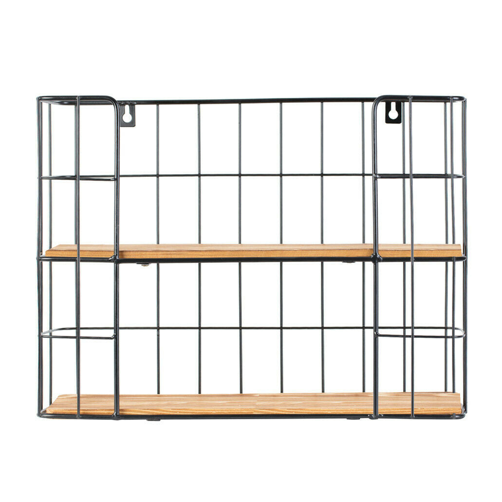 2 Tier Wall Mounted Metal Wire Wood Shelf Floating Shelves Kitchen Storage Rack