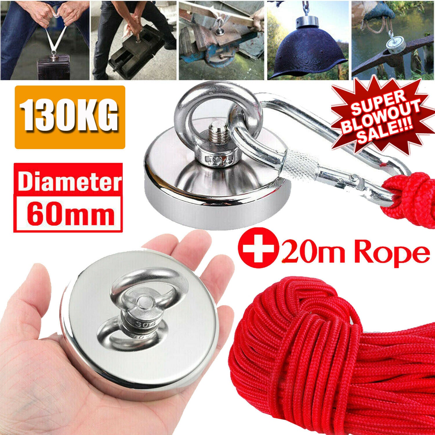 90kg-500kg Double Sided Large Powerful Neodymium Magnet Fishing & 10m Rope Set
