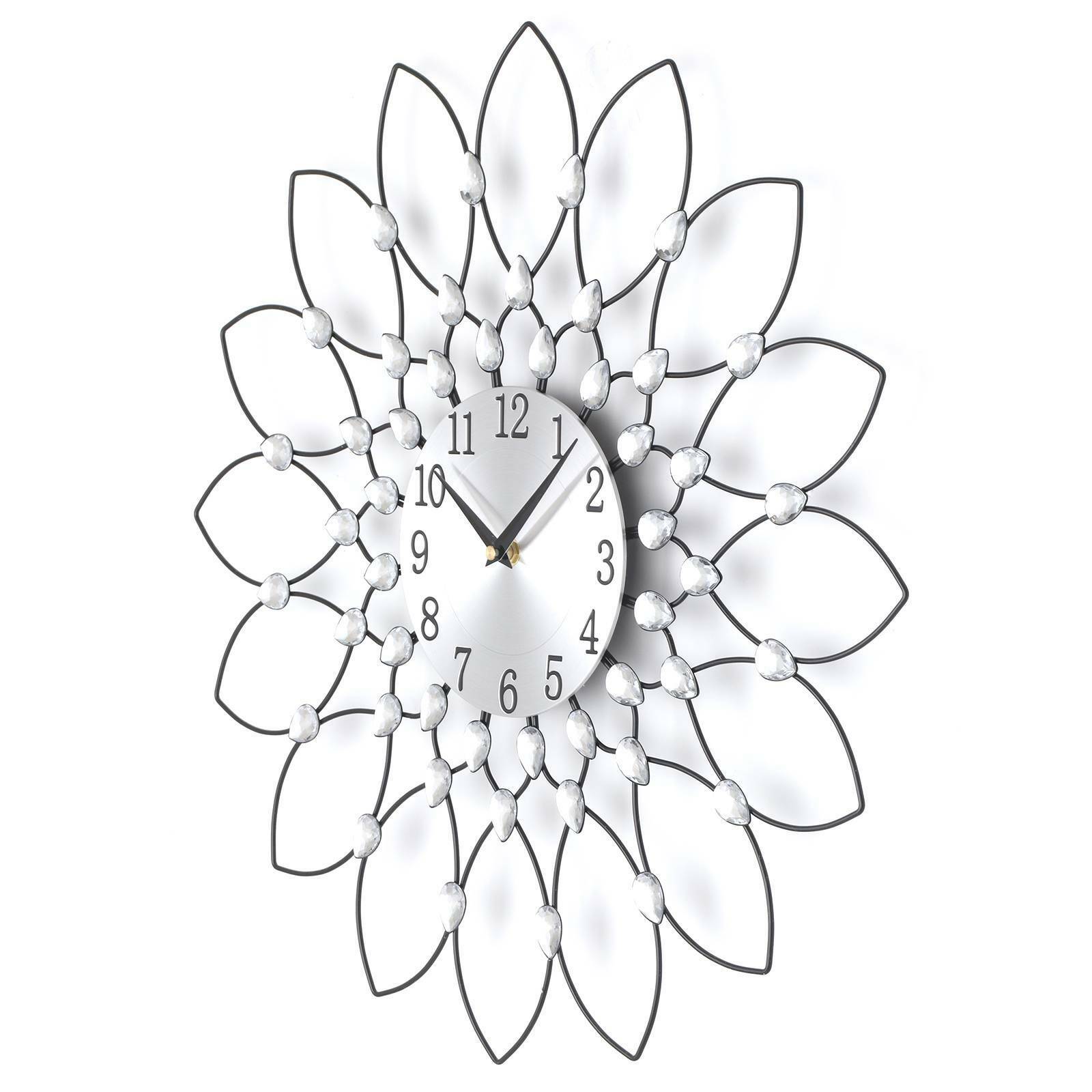 50cm Clear Diamante Beaded Jewelled Black Metal Spike Sunburst Wall Clock UK