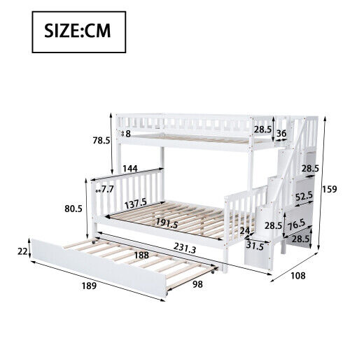 3ft & 4ft6 Kids Wooden Bunk Beds with Stairs and Pull Out Trundle Bed Frame HT