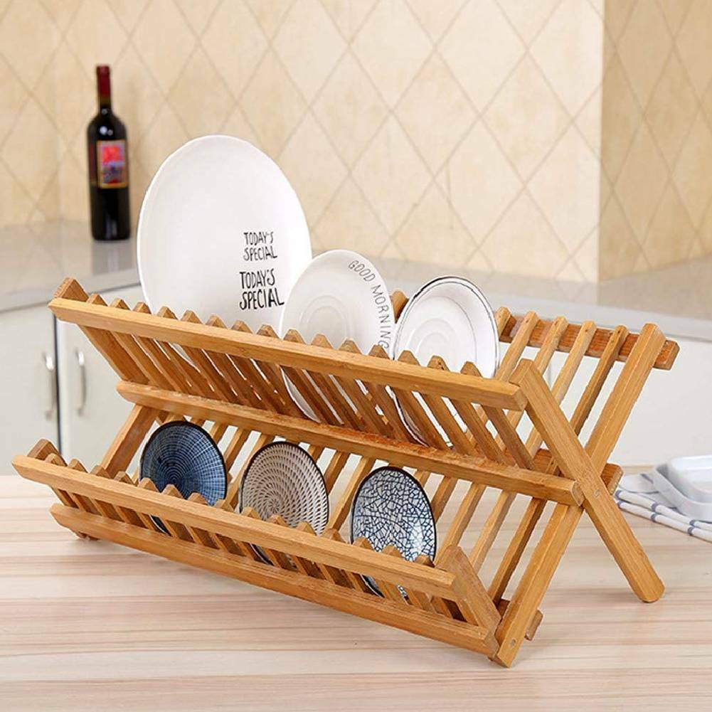 Folding Bamboo Wooden Draining Rack Dish Drainer Plate Washing Up Counter Sink