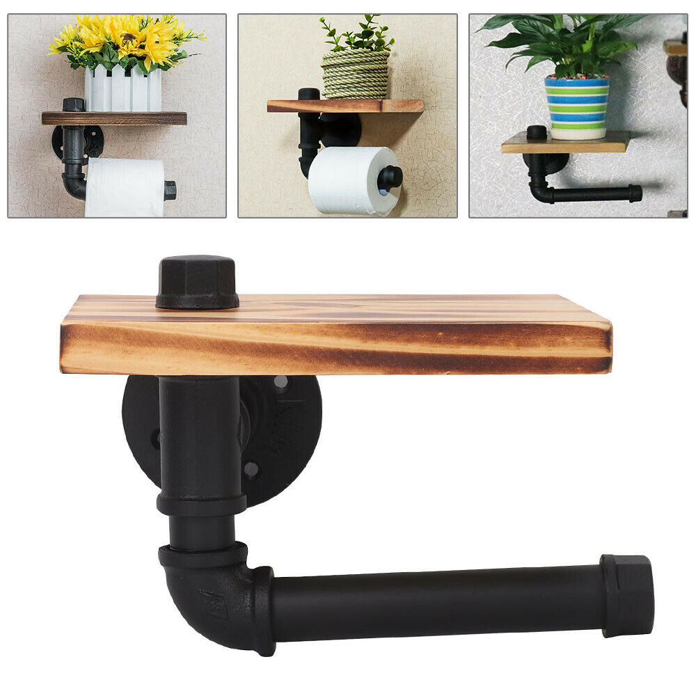 Modern Urban Style Iron Pipe Toilet Paper Holder Roller With Wood Shelf Wall