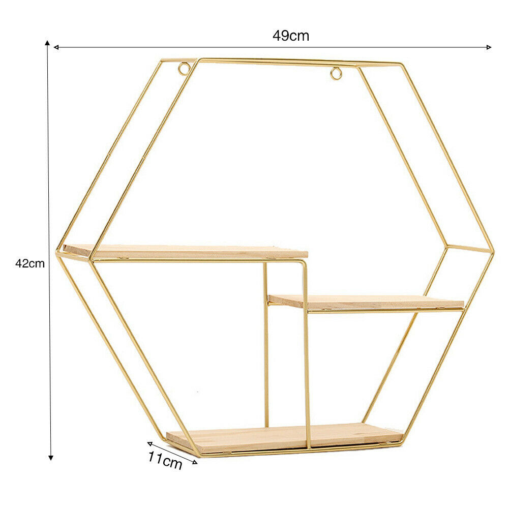 3 Wooden Shelves Metal Wall Mounted Hexagon Shelf Wire Display Storage Rack Unit