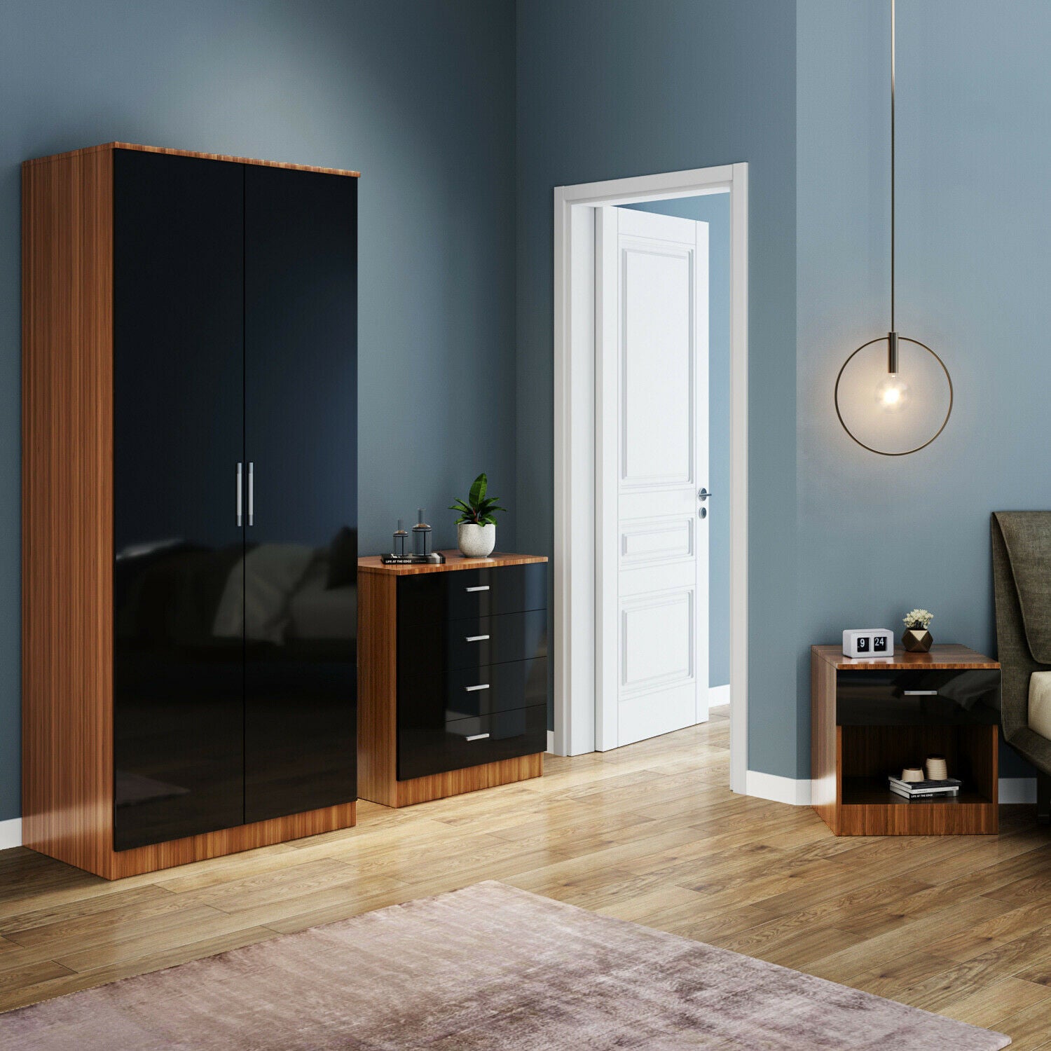 High Gloss 2 Door Wardrobe Mirrored Bedroom Furniture 3 pcs Set Large Storage