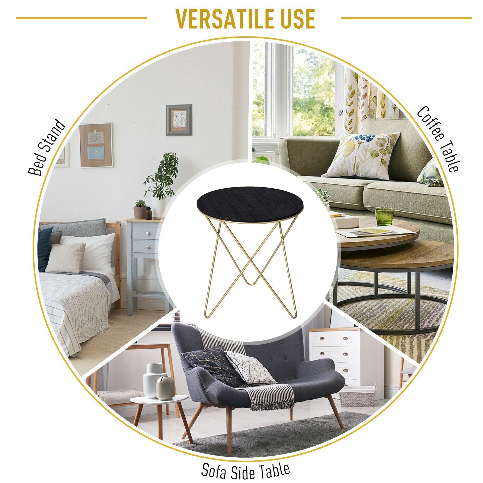 Round Tea Table Sofa End Side Wood Metal Table Living Room Furniture- Black Gold