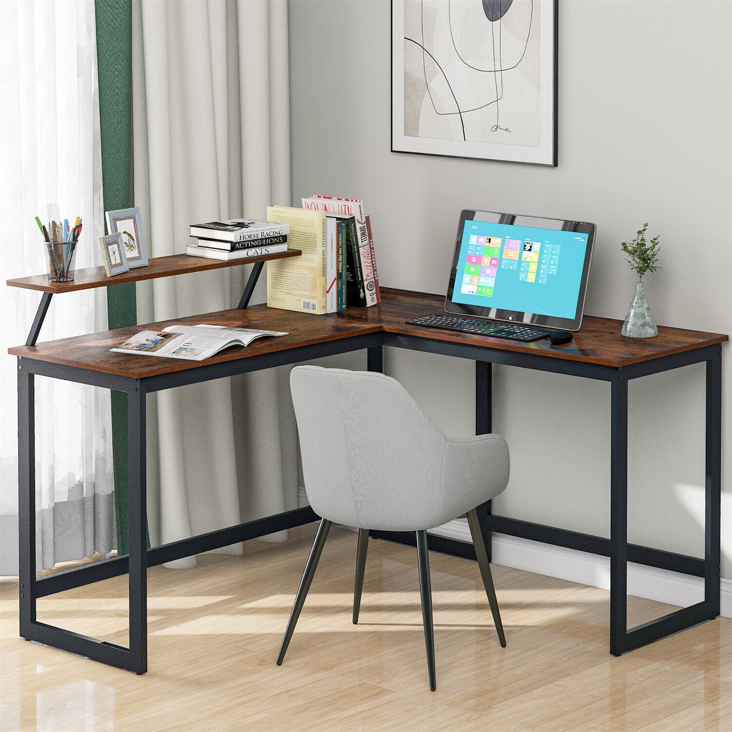 L-Shaped Corner Computer Desk PC Table Home Office Study Workstation Brown HT