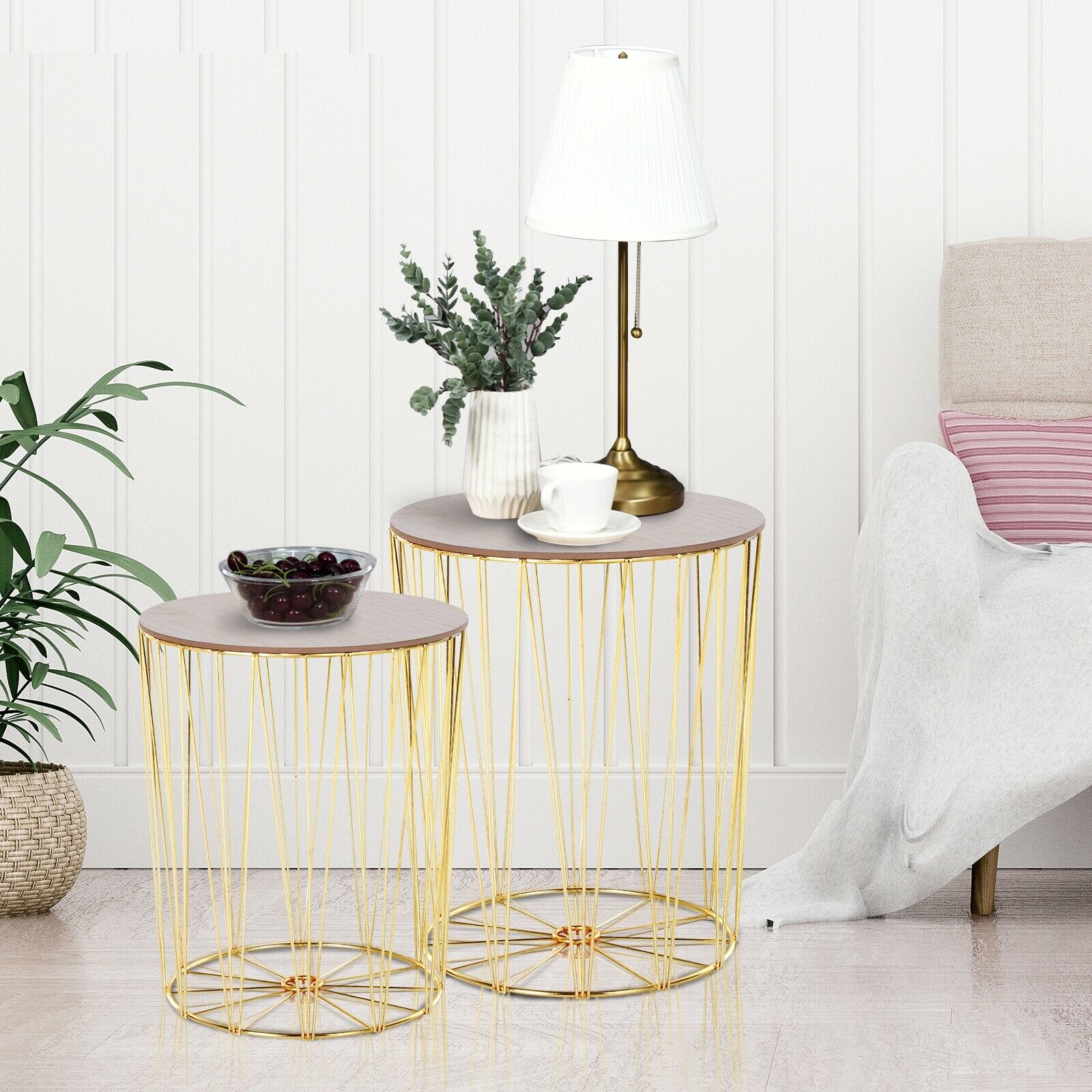 Modern Style 2 Pack Wood Metal Bedside Table w/ Storage - Gold Color Base