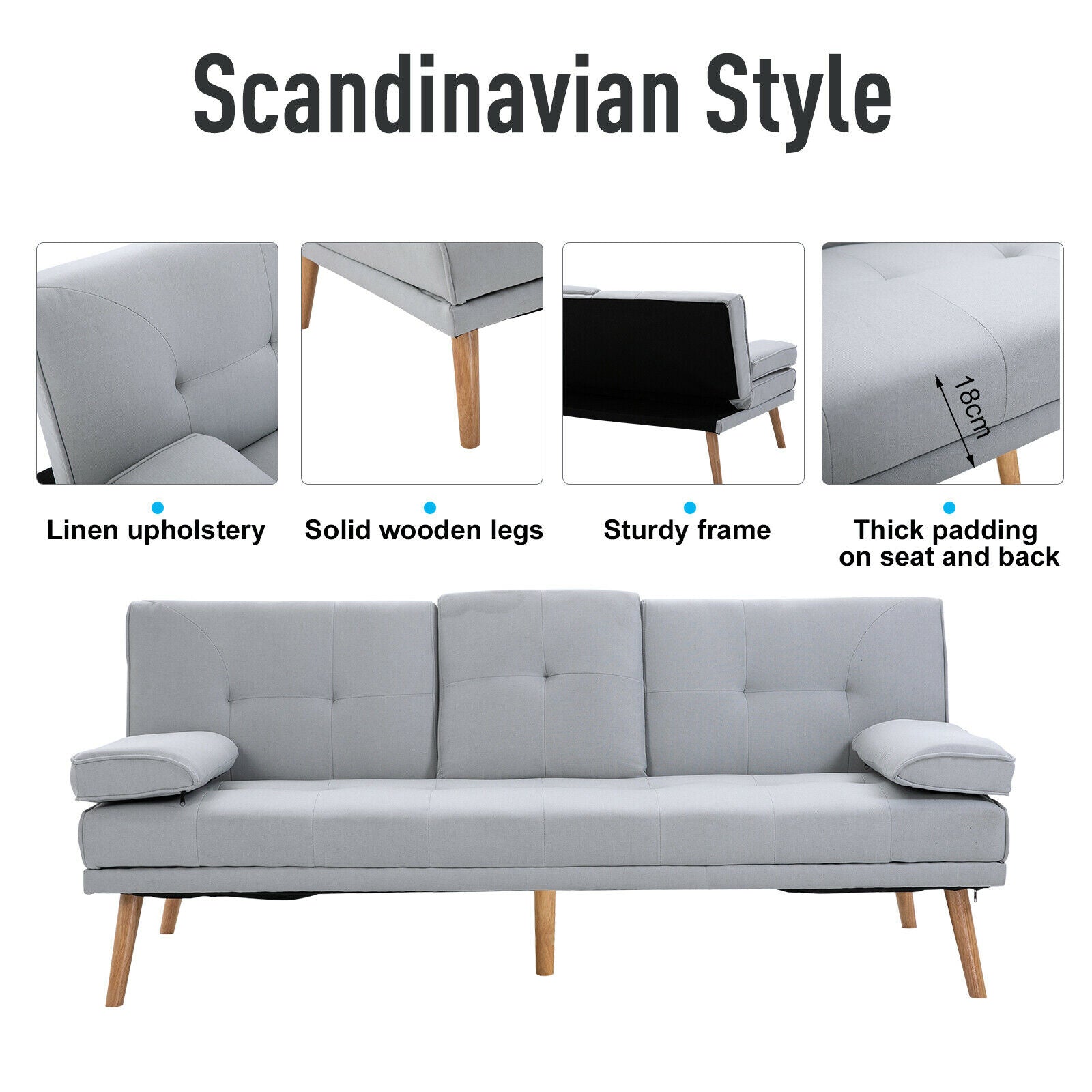 3 Seater Sofa Bed Scandi Style Recliner Adjustable Back Middle Table