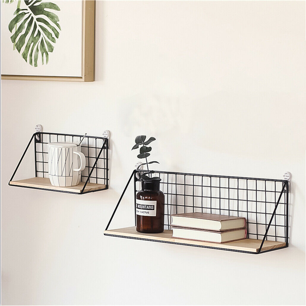 Vintage Industrial Wall Mounted Shelf Unit Metal Wire Floating Shelves Wood Rack