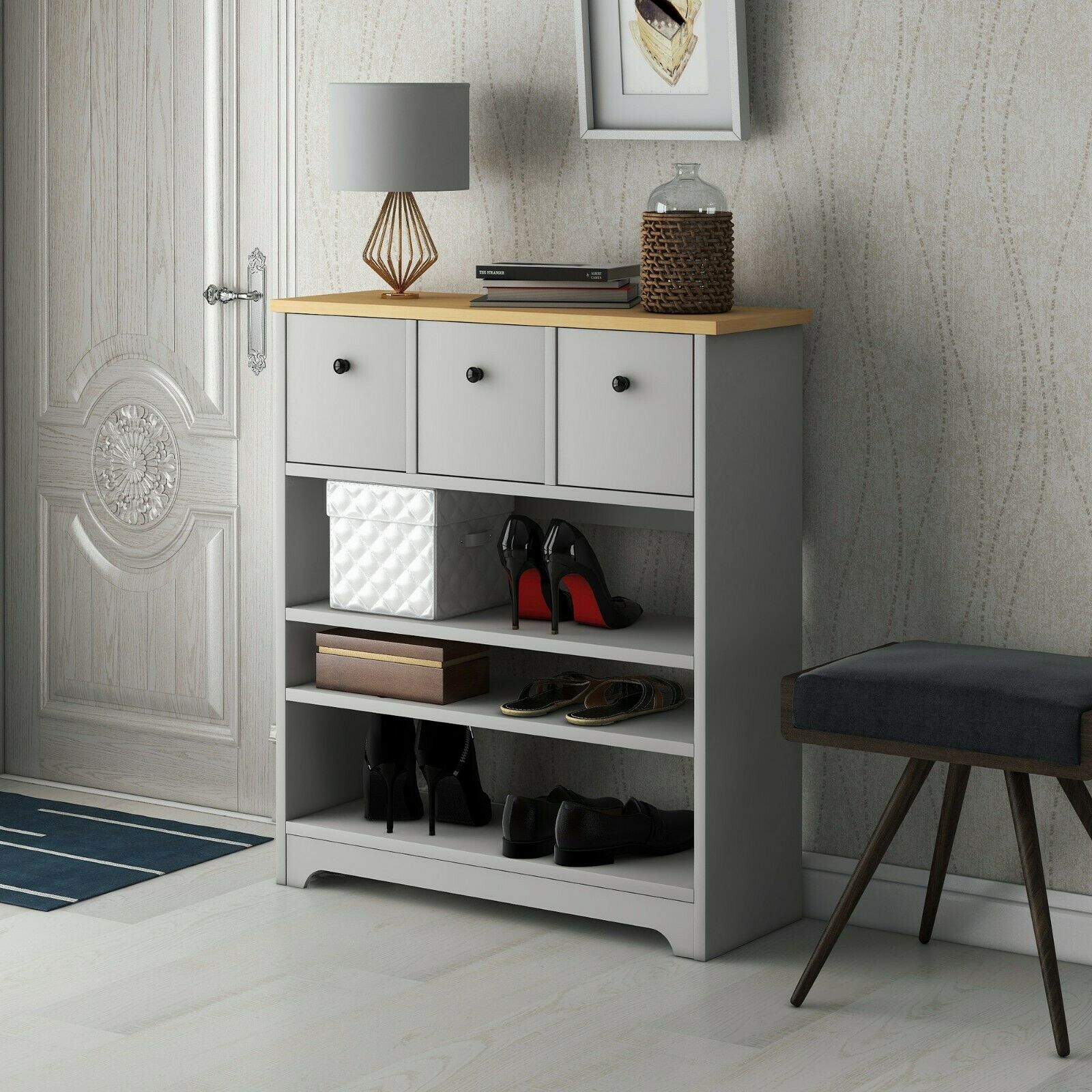 Wooden Side Cabinet 3 Tier Shoe Storage Cabinet Freestanding with Moveable Shelf