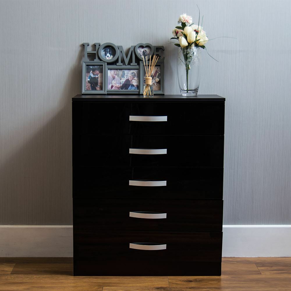 Drawer Chest 5 Drawers High Gloss Wood Storage Bedroom Furniture Black