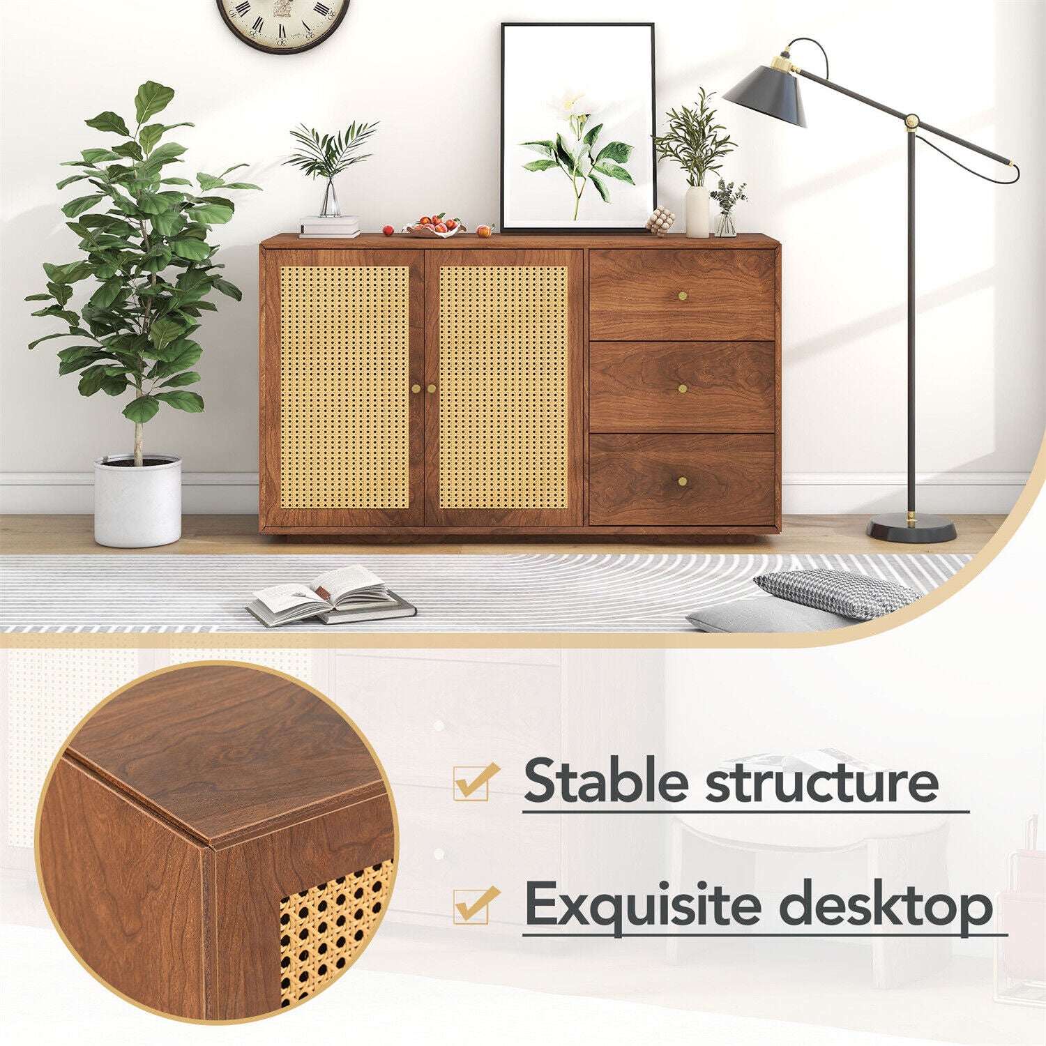 Wooden Rattan Sideboard Buffet Storage Cabinet Cupboard w/ 2 Doors 3 Drawers HT