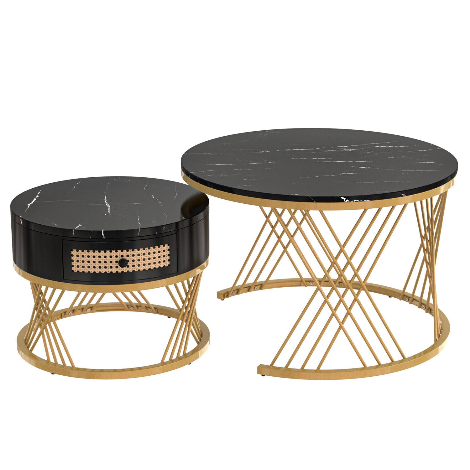 Modern Coffee Table Nesting Set of 2 Side Table Golden Frame Marble Effects HT