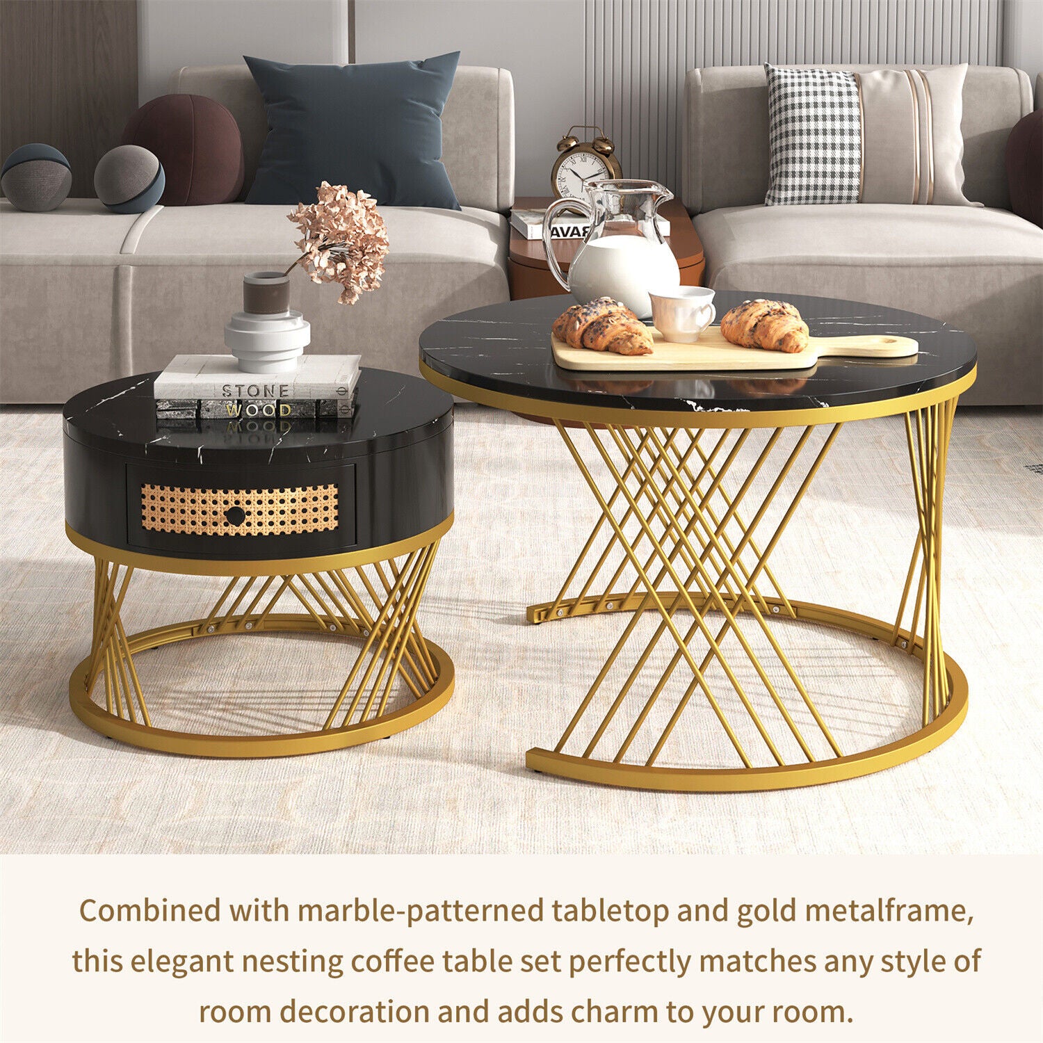 Modern Coffee Table Nesting Set of 2 Side Table Golden Frame Marble Effects HT