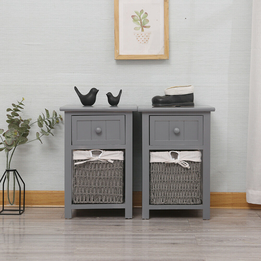 A Pair of Wooden Bedside Tables Storage Drawer Wicket Baskets Nightstand Cabinet