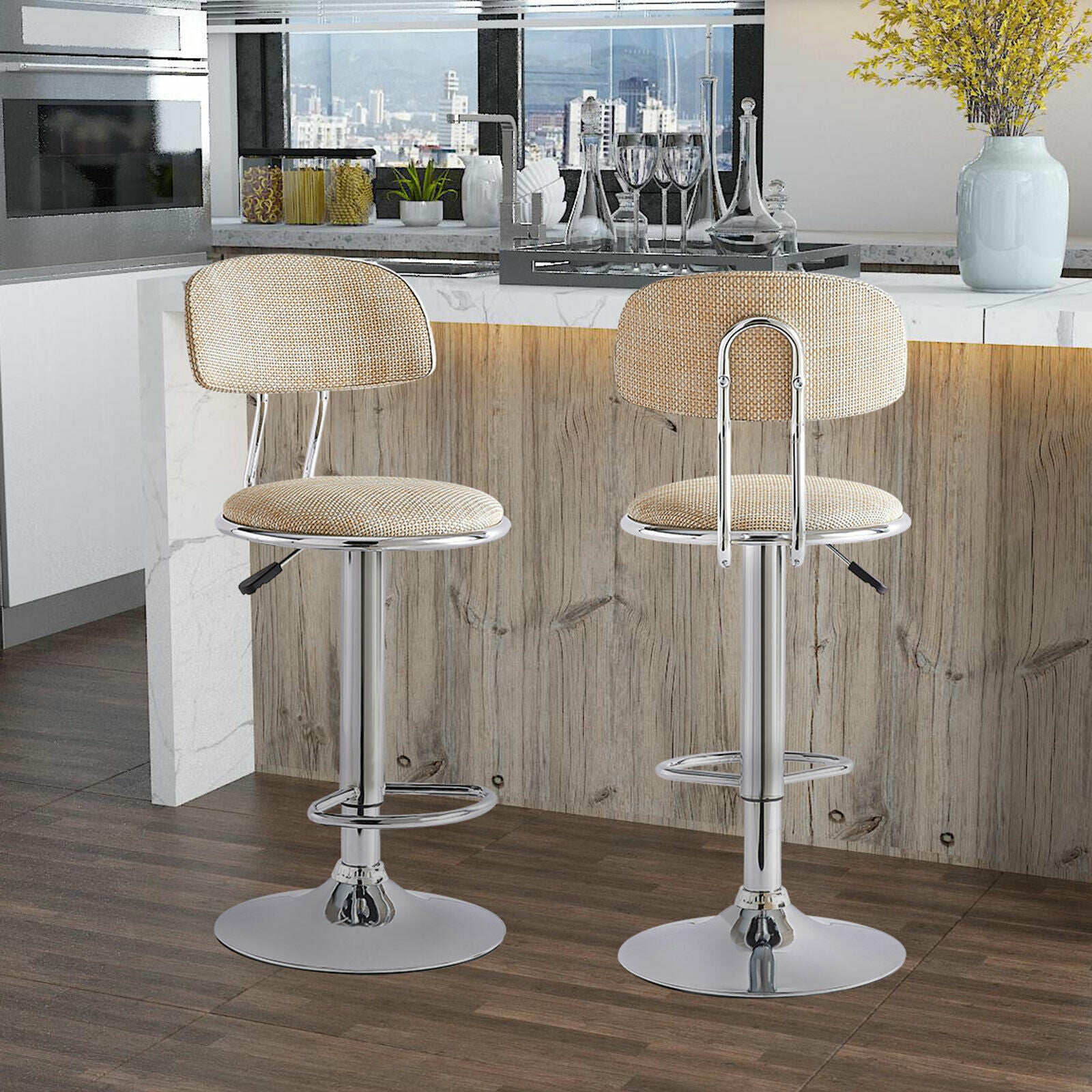 Bar Stools x2 Beige Swivel Barstools Gas Lift Rest Pub Chairs Kitchen Breakfast