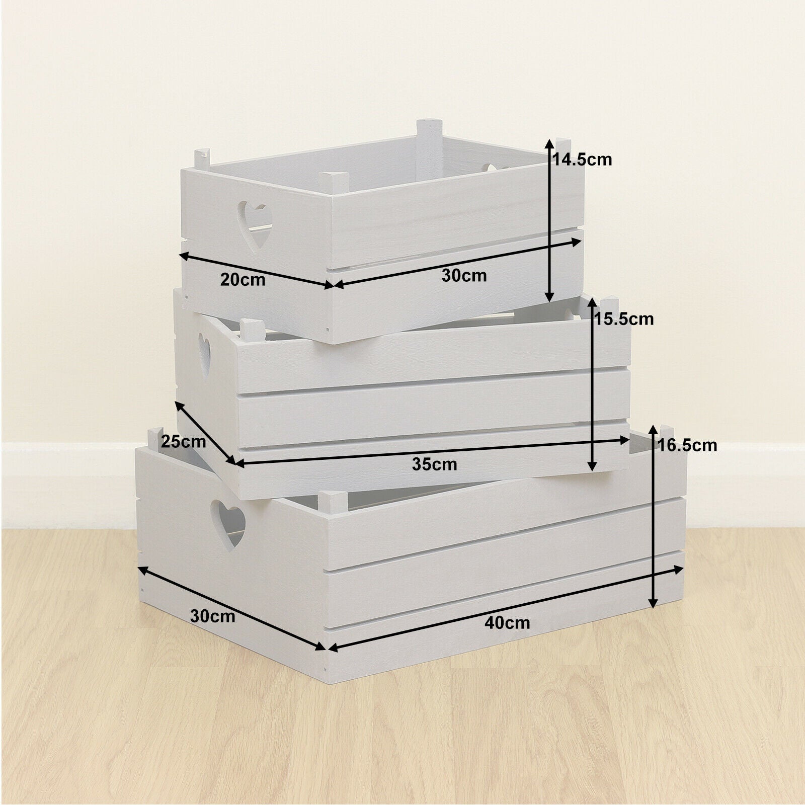 Set of Grey Wooden Slatted Apple Crates 3 x Home Storage/Display Hamper Boxes