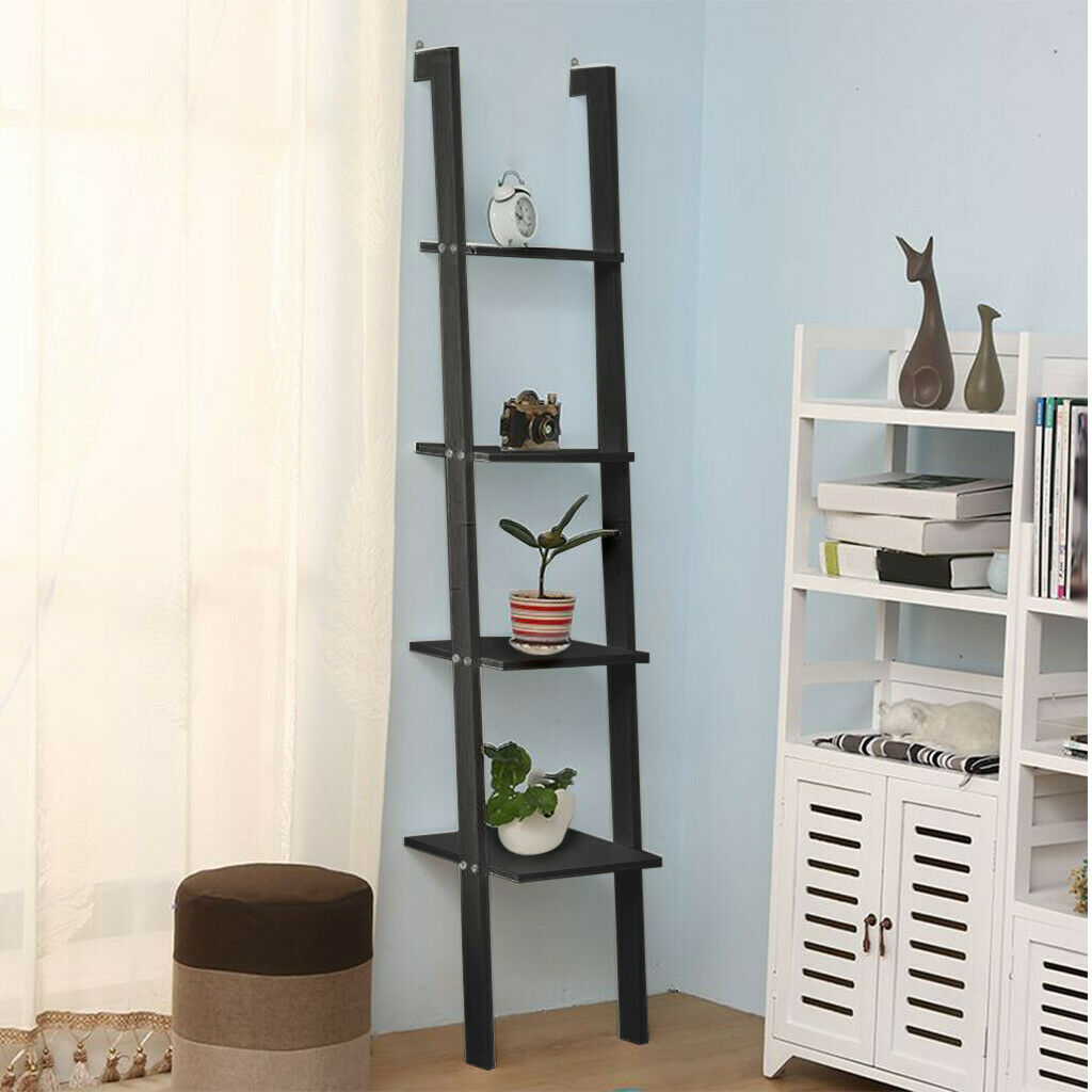 4-Tier Wood Ladder Shelf, Standing Wall Rack, Bookcase Display Shelf White Black