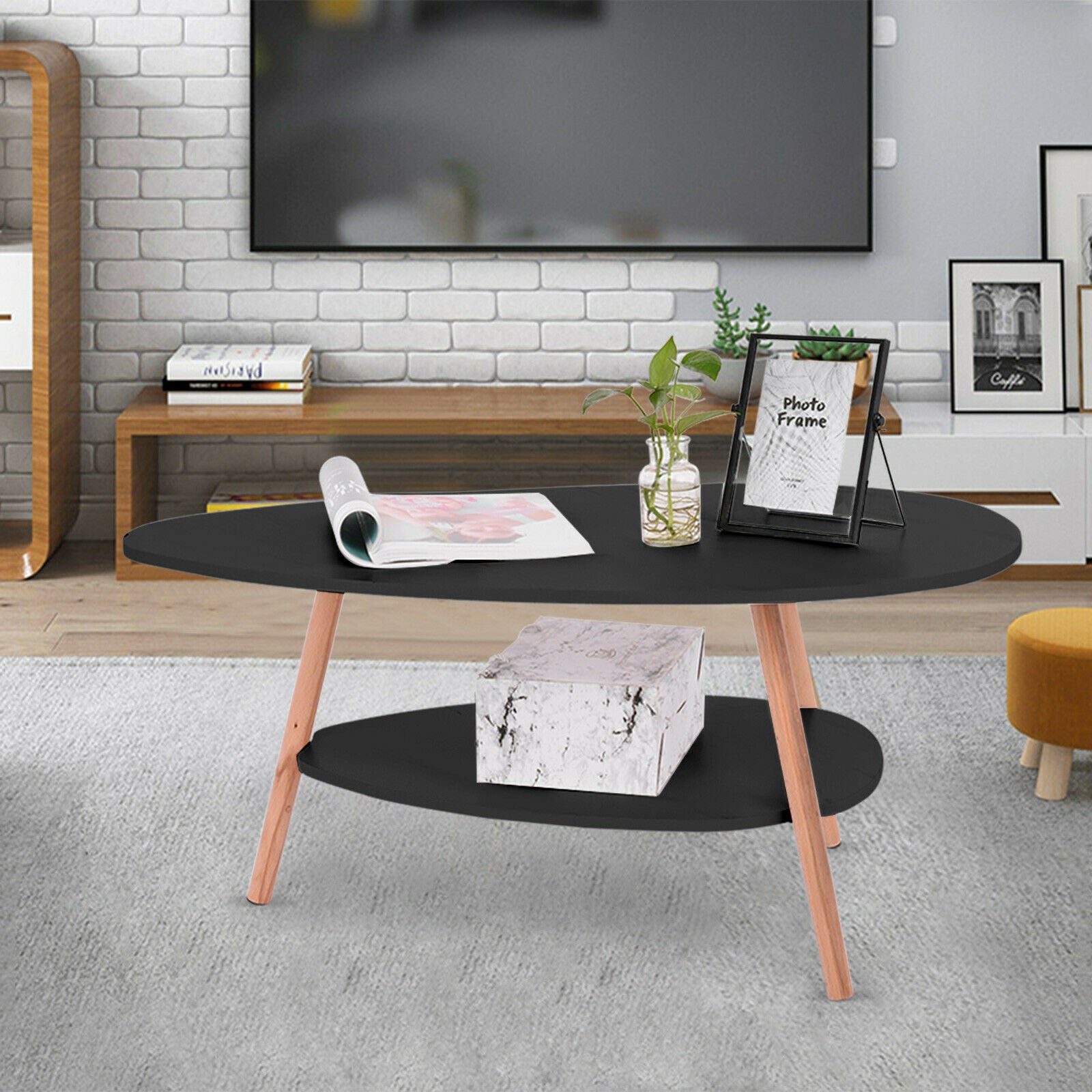 Coffee Table Wooden Legs Side Table Living Room Balcony Home Office Oval Design